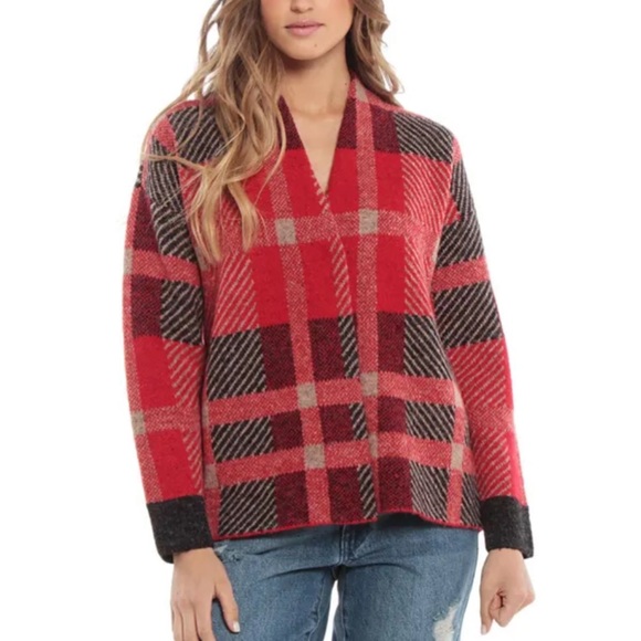 Cyrus Sweaters - Cyrus $158 Red Plaid One Snap Cardigan Sweater